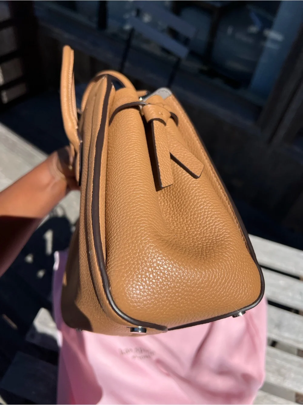 kate spade tan leather satchel with crystal heart charm